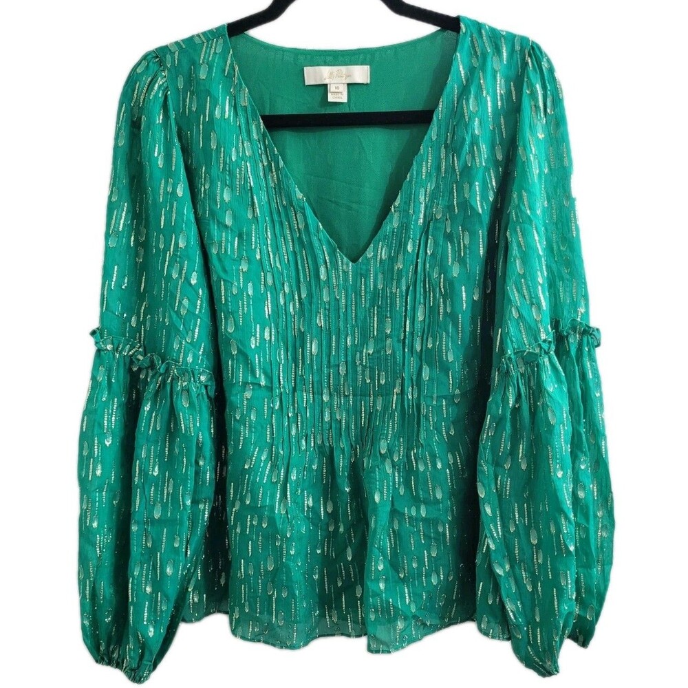 Lilly Pulitzer Cleme Blouse Fiddle Leaf Green Metallic Clip Dot Viscose Top 10